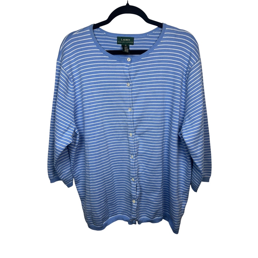 Lauren Ralph Lauren Striped Cotton Cardigan Blue White Nautical Preppy 3X